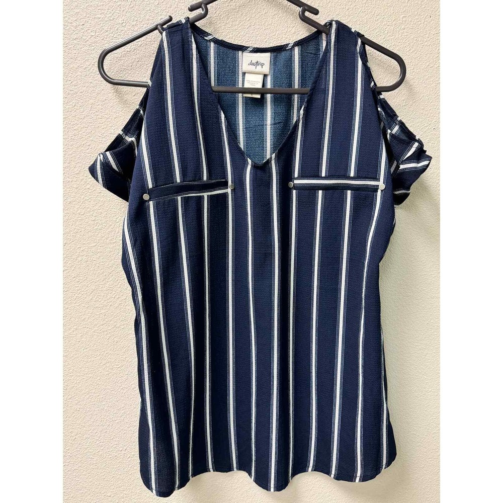 Daytrip Cold Shoulder V Neck Blouse Top Womens Navy White Stripe Small‎ Casual